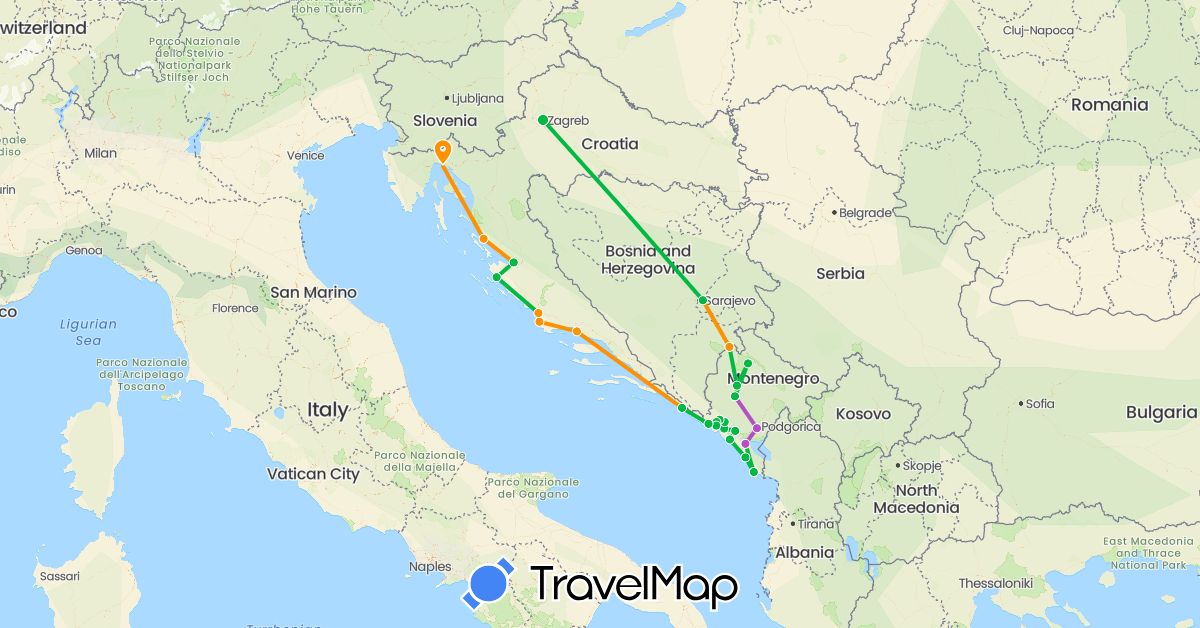 TravelMap itinerary: driving, bus, train, hitchhiking in Bosnia and Herzegovina, Croatia, Montenegro (Europe)